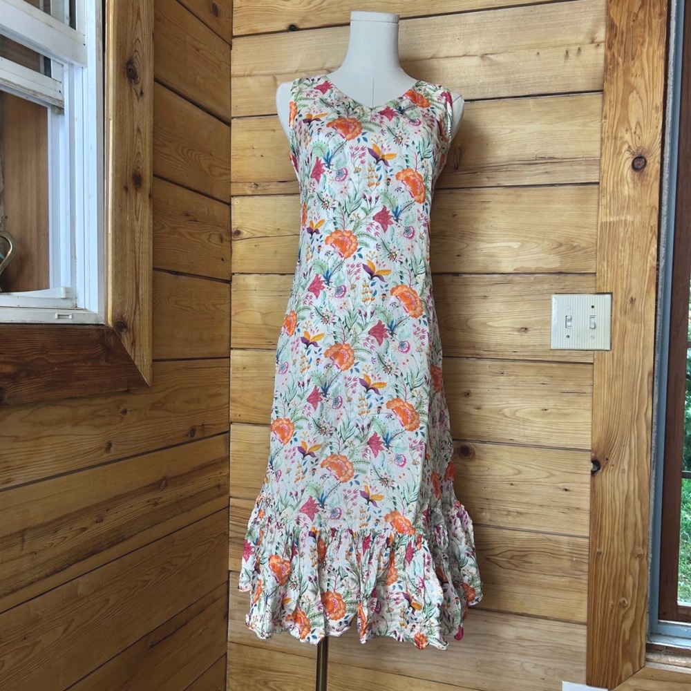 Vintage Dress Women Size 7/8 Multicolor Floral Flounce Hem Deena Pulickans 70s